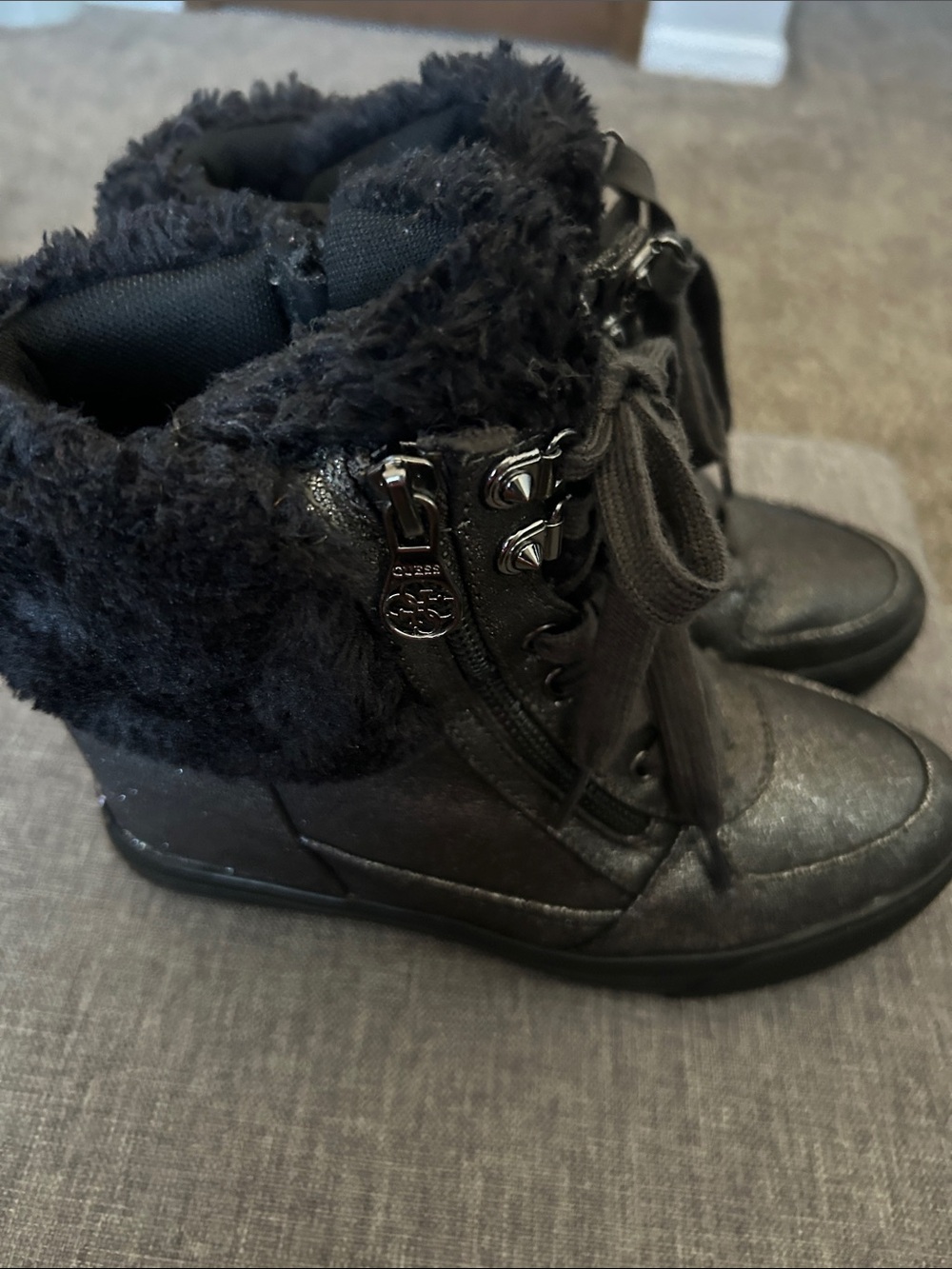 Guess Black Faux-Fur Lace-Up Combat Boots